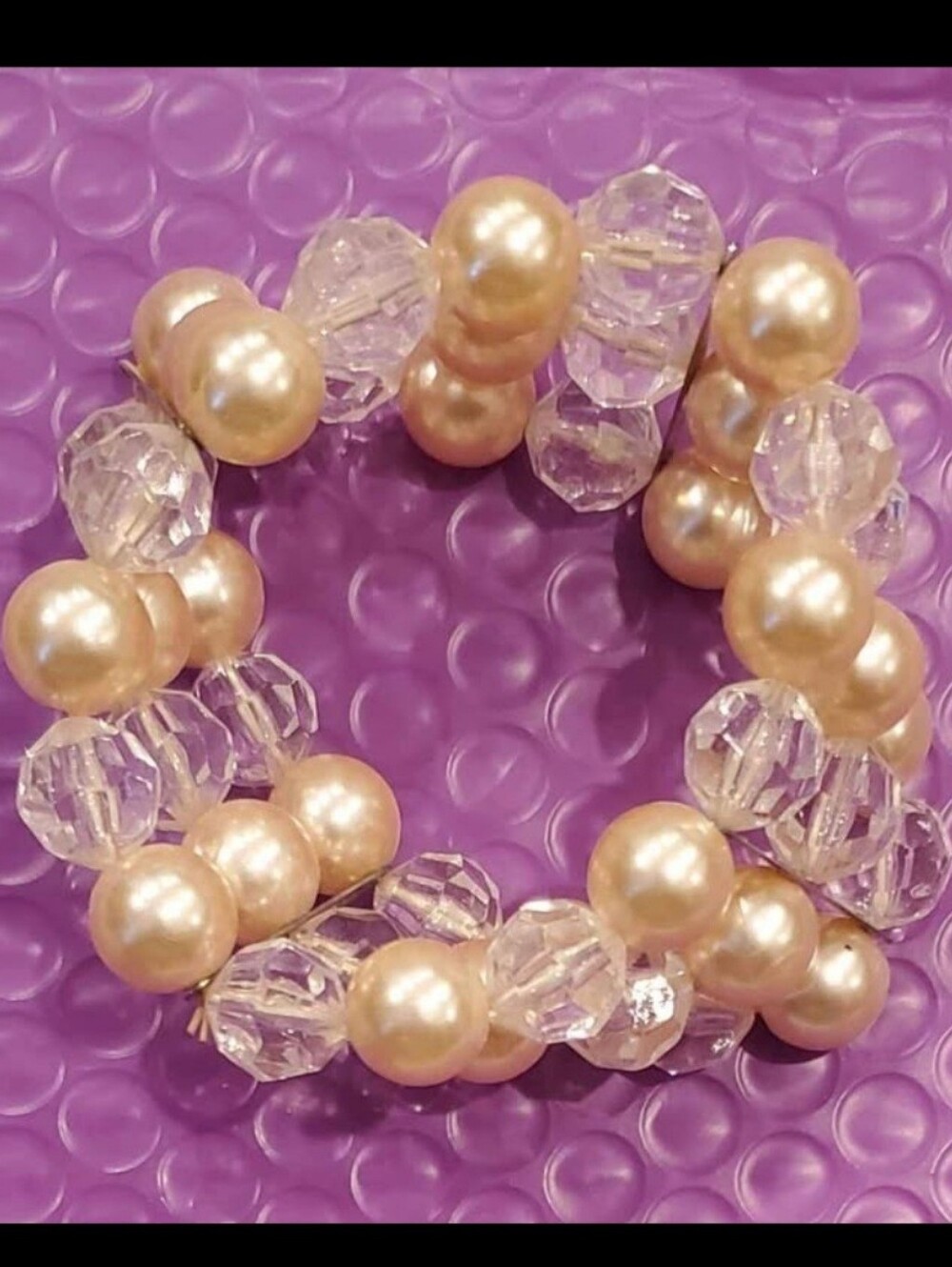 Women's Peachy Pearl & Crystal Bead 3 Strand Elastic Bracelet